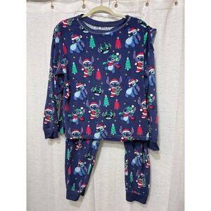 Disney Lilo & Stitch Christmas Pajama Set Navy Blue Holiday Sleepwear Large